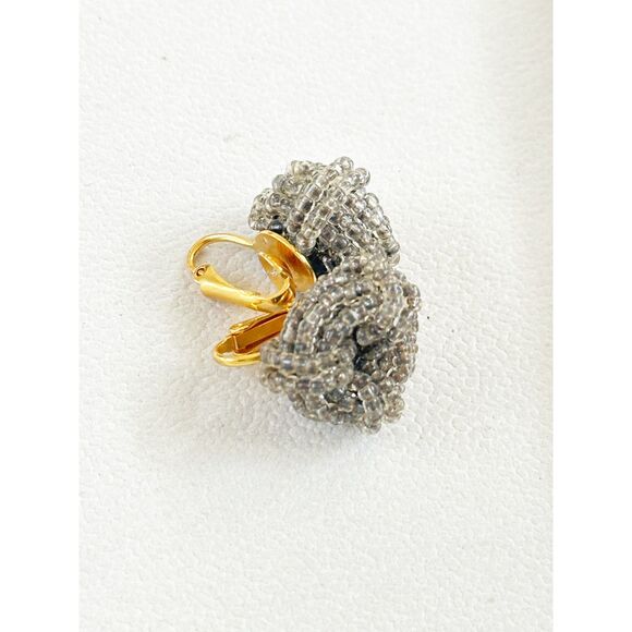 Vintage Beaded Knot Cluster Earrings Silver Grey Gold Tone Clip - Picture 3 of 6